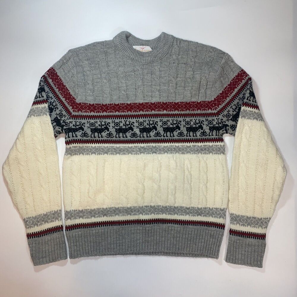 Jantzen Crewneck Cable Knit Fair Isle Sweater Reindeer Women Medium Gray White